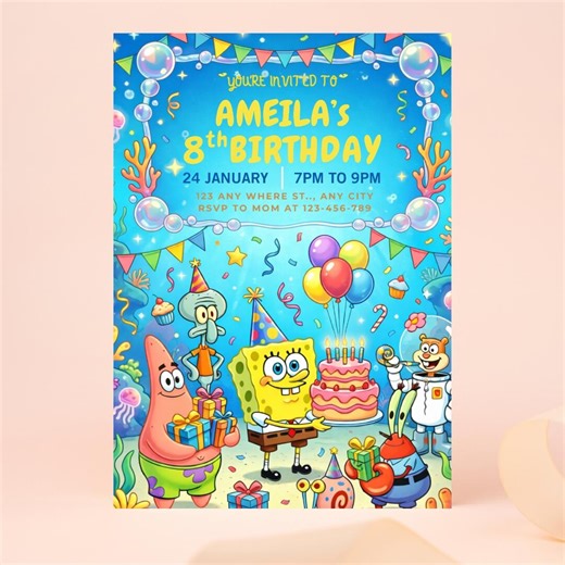 Spongebob Birthday Invitation Canva Editable | Kids Underwater Party Invite | Fun Cartoon Theme Printable 5x7 - Etsy