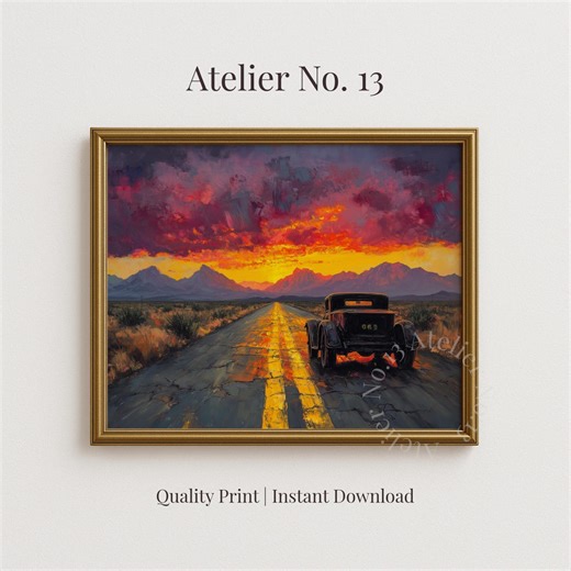 Route 66 Printable Landscape - Moody Vintage Highway Art, Dramatic Sunset with Classic Car, Spooky Nostalgia Scene, Digital Download 557 - Etsy.de