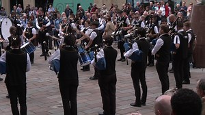 Bagad Brieg Pipe Band , [ Brittany ], entertaining the crowds on Buchanan St. during Piping Live on Thursday 17th August 23 . | We Love Pipe Bands
