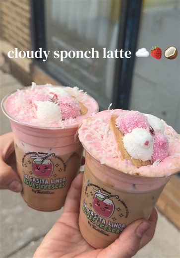 Cloudy Sponch 🍓🥥☁️ a dreamy blend of strawberry coconut, topped with a fluffy strawberry cream cold foam 💗 sweet, nostalgic, and soft like a little cloud in a cup ✨ available now! . . . #sponchlatte #tacotlan #chicago #fyp #cutelattes
