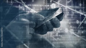 Using a phone with a 3d matrix background. Close up of scrolling through information on a mobile phone overlaid onto a number grid. Loops.