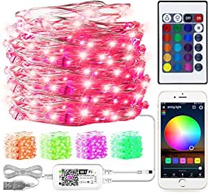 Smart WiFi RGB String Light, 33ft Indoor/Outdoor USB Charge Copper Wire Music Color Changing Fairy Lights with Remote, Works with Google Home Alexa SmartThings Siri