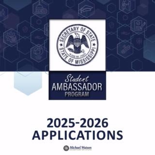 ⏰DEADLINE EXTENDED⏰ Don't forget April 7 is the deadline to apply for the 2025-2026 SOS Student Ambassador Program! Submit your application today at the link below!👇 ✏️https://ow.ly/sehw50Vp41P | Mississippi Secretary of State's Office