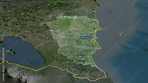 Atlántico Sur - autonomous region of Nicaragua with its capital zoomed on the satellite map of the globe. Animation 3D
