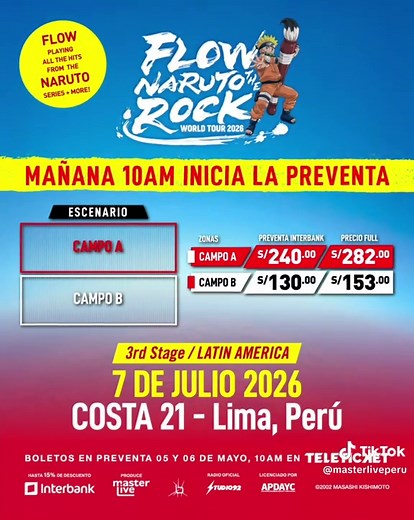 Flow - Naruto The Rock World Tour 2026: Preventa Interbank 5-6 May