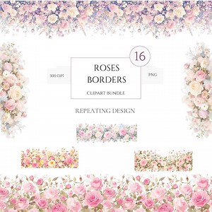 Floral Border Clipart, Roses Border, Digital Clipart, Watercolor Clipart, 16 High Quality Jpgs, Digital Download, Paper Craft, Junk Journal - Etsy