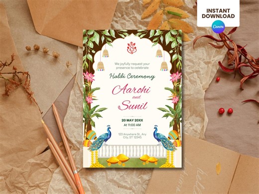 Haldi Ceremony Invitation Template | Indian Wedding Haldi Invite | Editable Canva Invitation Card | Floral Haldi Invite | 5x7 Inches