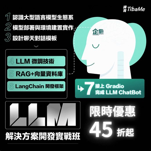 想學大型語言模型技術，但不知道從哪裡開始嗎？ 這堂課專為 AI 初學者設計，帶你一步步學會 LLM 開發技巧🙆‍♂️ 💡 商用 LLM 解決方案開發實戰班 >> https://tibame.tw/X1mhl 包含 9 堂直播實作課程，涵蓋 LLM 基礎概念與操作、RAG 與 LangChain 技術學習，到實作開發專案，確保你能真正應用在工作上 💡 七步驟跟著做，從 0 到 1 完成 LLM 應用開發 1. 了解 LLM 原理 2. 使用程式碼操作 LLM 3. 設計對話模板 4. 學習 LLM 微調 5. 掌握 RAG & 向量資料庫 6. 實作 LangChain 應用 最低優惠 45 折起>> https://tibame.tw/X1mhl | 緯育TibaMe