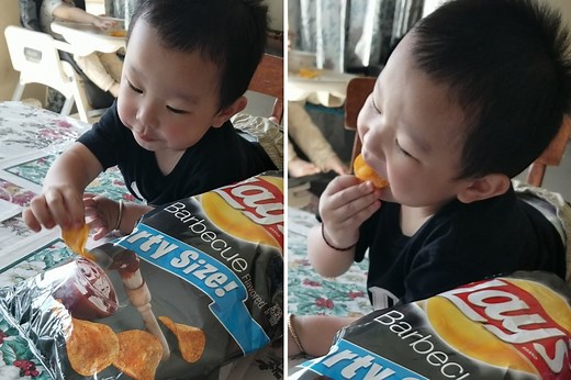 Cute kids dunk their chips in make-believe dip