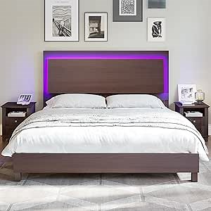 LUXOAK Queen Size Wood Bed Frame with RGBW LED Light, Mid-Century Modern Floating Headboard and Solid Wood Legs. No Box Spring Needed, Easy Assembly, Cherry