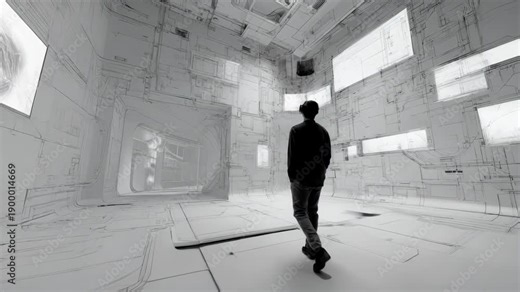 Immersive VR studio preview showcasing a designer navigating a fully enveloping virtual set for detailed layout planning with dynamic spatial awareness.