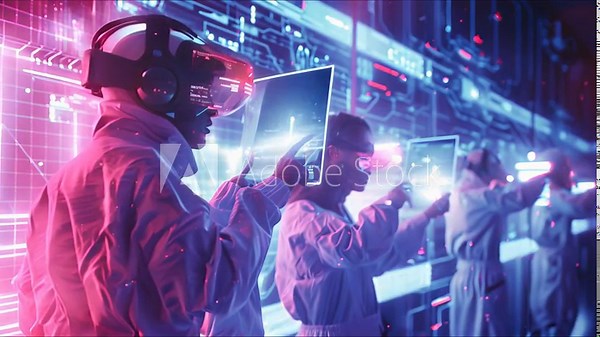 Data scientists work in a modern laboratory of a technology company on the development of a quantum computer. The concept of science, technology, machine learning, big data.