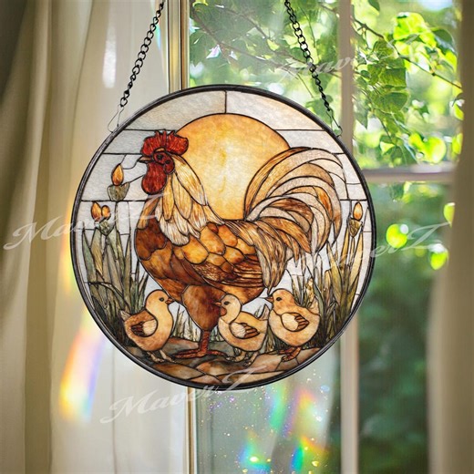 Rooster Family Stained Glass Suncatcher, Farm Chicken Window Hanging, Country Rustic Decor, Sunrise Farm Art, Cottage Gift Home Decor - Etsy UK