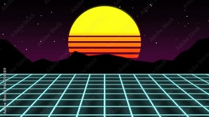 An 80s computer screen with a sunset backdrop, featuring a grid pattern floor. Nostalgic vibes of retro video games or computer programs are evoked