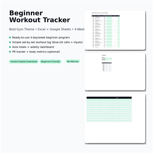 Beginner Gym Workout Tracker | 4-week Program, Excel & Google Sheets (digital Download) - Etsy
