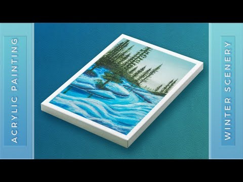 Beautiful Winter Scenery Painting | Pine Trees and River