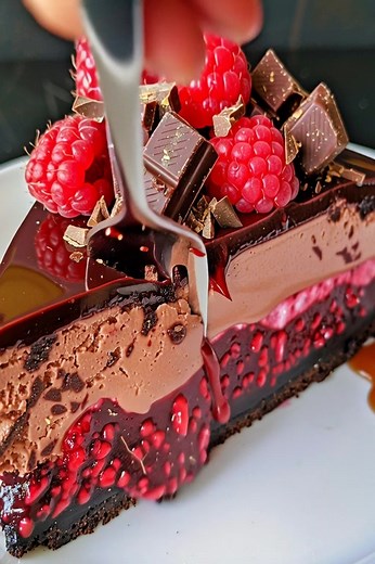 Luscious Chocolate Raspberry Cheesecake 😍🍫🍰 Ingredients: 1 1/2 cups chocolate cookie crumbs 1/4 cup melted butter 24 oz cream cheese, softened 1 cup granulated sugar (adjust to taste) 1 cup sour cream 8 oz dark chocolate, melted 4 large eggs 1/2 cup raspberry preserves 1 cup fresh raspberries 1 cup dark chocolate chunks 1/2 cup heavy cream 1 tablespoon gold edible glitter (optional) Directions: Preheat your oven to 325°F (163°C). Grease a 9-inch springform pan. In a medium bowl, combine choco