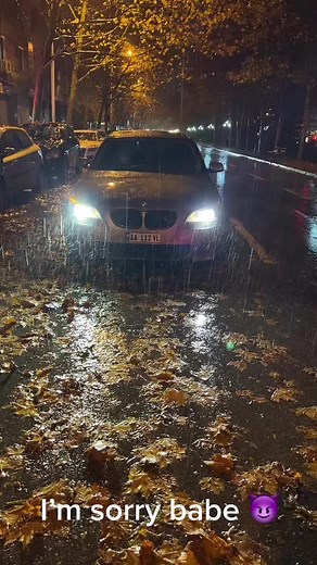 Silver BMW in Autumn Rain: A Nighttime Scene