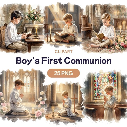 Boys First Communion Clipart, Watercolor Catholic Eucharist PNG, Christian Baptism Art, Praying Child Graphic, Holy Church Scene - Etsy
