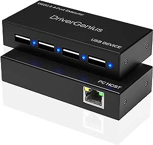 DriverGenius 4 Port USB 2.0 Ethernet Extender, Up to 165ft, with LEDs - USB Over Cat6/Cat5e/Cat7 Ethernet Extender- Compatible for Windows 11/ Mac/Ubuntu (Metal, NT100)
