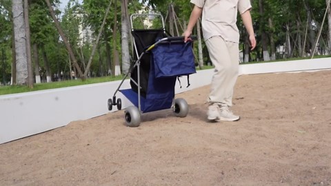 Beach Cart with 10'' Rubber Wheels, Collapsible Upright Push Pull Stroller Wheeler with Big Wheels for Sand, Holds 4 Folding Chairs, Pump Included