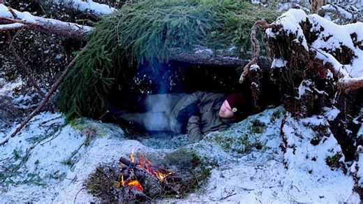 【沉浸式BC打野】我赶在夜幕降临前搭建好一个求生庇护所，并在气温骤降至零下16°C的深夜里度过了一晚。