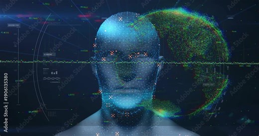 Waveform initiating scan, blue head mesh forming and getting red markers for biometric analysis