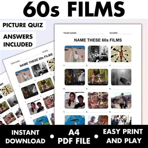 60s Movies Printable Quiz Picture Round • 60s Films Picture Trivia • Name the Film Digital Download • Quiz With Answers • Film Lovers Game • - Etsy