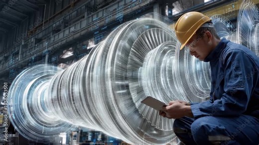 Engineers working on turbine model designs for maintenance optimization in a high-tech industrial facility