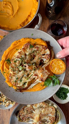 Golden Cauliflower Steaks with Whipped Sweet Potatoes #cauliflower #cauliflowerrecipe