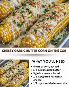 Cheesy Garlic Butter Corn on the Cob Buttery, cheesy, and loaded with garlic flavor — the ultimate corn on the cob experience! 📝 Ingredients: • 4 ears of corn, husked • 1/2 cup unsalted butter • 3 garlic cloves, minced • 1/2 cup grated Parmesan cheese • 1/4 cup shredded mozzarella (optional for extra cheesiness) • 2 tbsp chopped fresh parsley • 1/2 tsp smoked paprika • Salt and black pepper to taste 📝 Directions: 1. Bring a large pot of water to a boil. Add the corn and cook for 6–8 minutes un