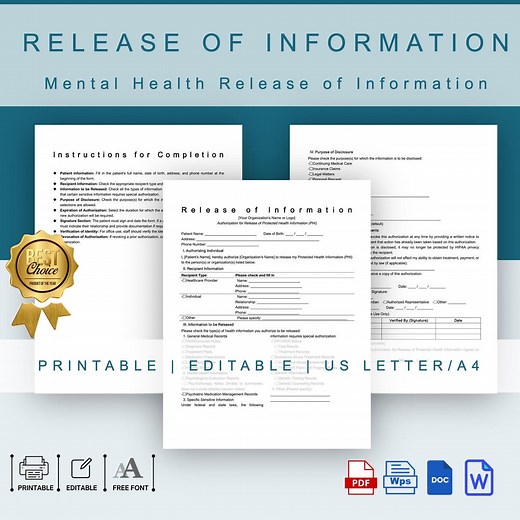 Release of Information for Mental Health, Editable ROI, Hipaa-compliant Release of Information Form,for Therapists, HIPAA Authorization Form - Etsy