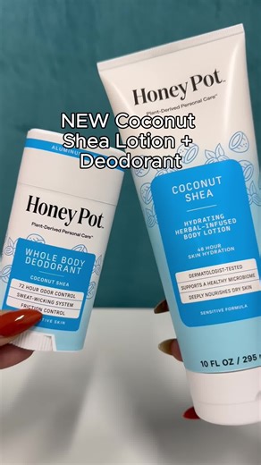 Honey Pot on Instagram: "Your routine just got a whole lot smoother. Say hello to NEW Coconut Shea Body Lotion + Whole Body Deodorant🥥✨ 💙 Coconut Shea Body Lotion deeply nourishes skin for up to 48 hours with a lightweight but ultra-hydrating formula that leaves skin soft, smooth, and glowing 💙 Coconut Shea Whole Body Deodorant protects against odor, wicks away sweat, and controls friction, all in one gentle, aluminum-free formula that’s safe to swipe anywhere 💙 Both pair perfectly with Coco