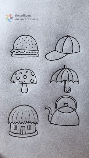 Easy Object Drawing From Half Circle | Burger, Cap, Mushroom, Umbrella, Hut, and Kettle Drawing | Rongdhonu Art and Drawing