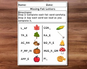 Fall Missing Letter Worksheet: Autumn Spelling Activity (PDF) - Etsy Canada