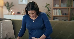 Pregnant woman, stomach pain and breathing in home, labor and placenta emergency for healthcare. Female person, maternity and stress for birth or prenatal injury, abdomen and medical uterus cramps