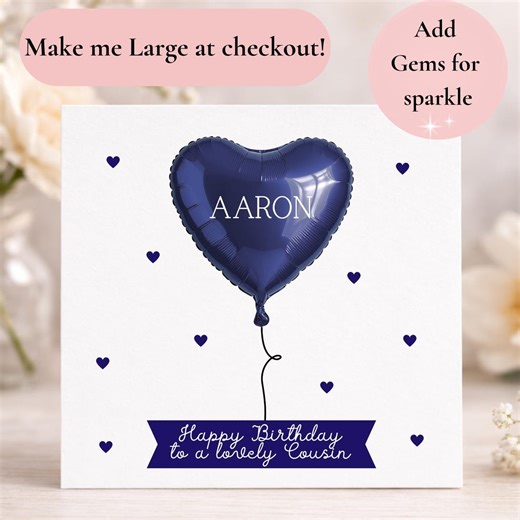 Cousin Blue Heart Birthday Card, Personalised Cousin Friend Blue Card, Cousin Birthday Gift, Lovely Cousin Birthday Balloon Card - Etsy