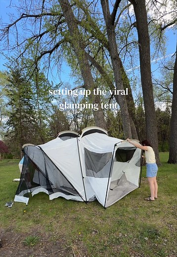 our first time setting up the viral 12 person walmart glamping tent! 🤍 this is perfect for our family of 6. #tentcamping #campingwithkids #campinglife #family #outdoors