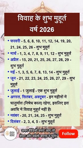 विवाह के शुभ मुहूर्त – वर्ष 2026 Vivah ke Shubh Muhurat 2026 | Best Marriage Dates & Timings for 2026 | Wedding Astrology Tips #astrology #jyotish #vastu #vastutips #vastuexpert #vastushastra #fbreels | Astro Vastu Sutra