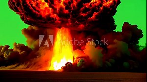 Massive nuclear explosion mushroom cloud rising from ground, spreading fire and dense smoke against chroma key green screen with intense heat, blast, and devastating power Stock Video
