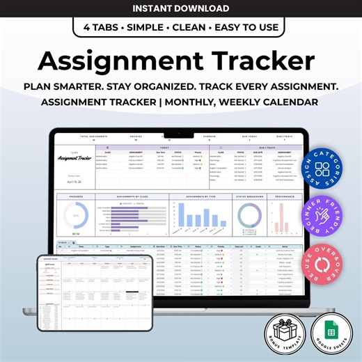 Assignment Tracker Google Sheets, Student Planner, Homework Organizer, Study Planner Spreadsheet, School Task Manager - Etsy