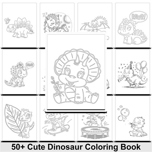 Cute Dinosaur Coloring Book 50  Pages | Kids Dino Coloring Pages | Fun Cartoon Dinosaurs | Printable Coloring Book PDF - Etsy