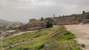 ancient Roman structures in Jerash city,Gerasa, Jordan, hippodrom, amphiteatre,theatres and columns of the ancient Roman civilization made out of sand and marble stone