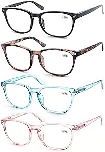 Reading Glasses Women Blue Light Blocking Lightweight Computer Readers +0.75 Square Cheaters Reading Glasses 4 Pack Anti Glare Reduce Eyestrain Protect Eyes