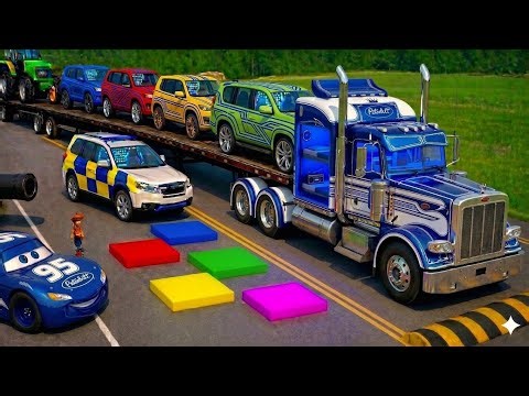 Flatbed Trailer Mcqueen Transportation with Truck | Cars vs Speedbumps vs Train | BeamNG.Drive #21