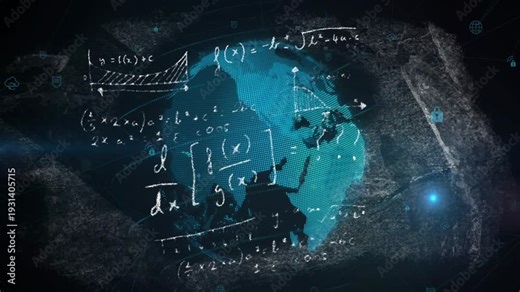 Cyan dots resolving into rotating globe, HUD icons popping, chalk math drawing, showing global data