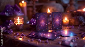 Tarot cards with candle light purple colors. fortuneteller reads fortunes by tarot cards and candles on the background. Astrology occult magic spiritual horoscopes and palm reading 4k video beauty
