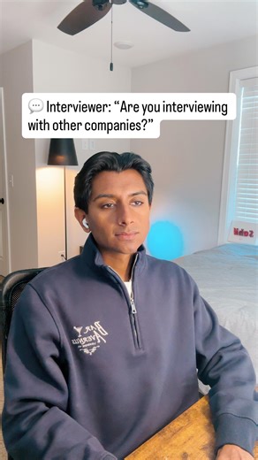 Sahil Shah on Instagram: "This question used to mess me up, here’s the script… 🧑‍💼 “Are you interviewing with other companies?” What do you want me to say? “Yes, and they love me more”? 💀 Or “No, I’m putting all my eggs in your basket”? 🥴 Here’s how to actually win this moment: This isn’t a trap, it’s your shot to look in demand without sounding cocky. Companies want to hire people other companies want. But they also want to feel like they’re the one 😮‍💨 Here’s the script I’d use every tim