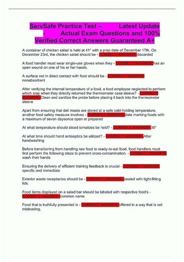 ServSafe Practice Test Latest Update Actual Exam Questions and 100 Verified Correct A new video