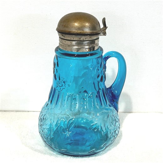 Antique Early American Pattern Glass Blue Syrup Pitcher With Hinged Metal Lid - Etsy